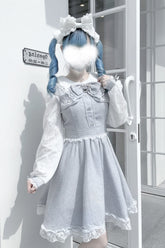 Grey Long Sleeves Bowknot Lace Pearl Sweet Jirai Kei Dress